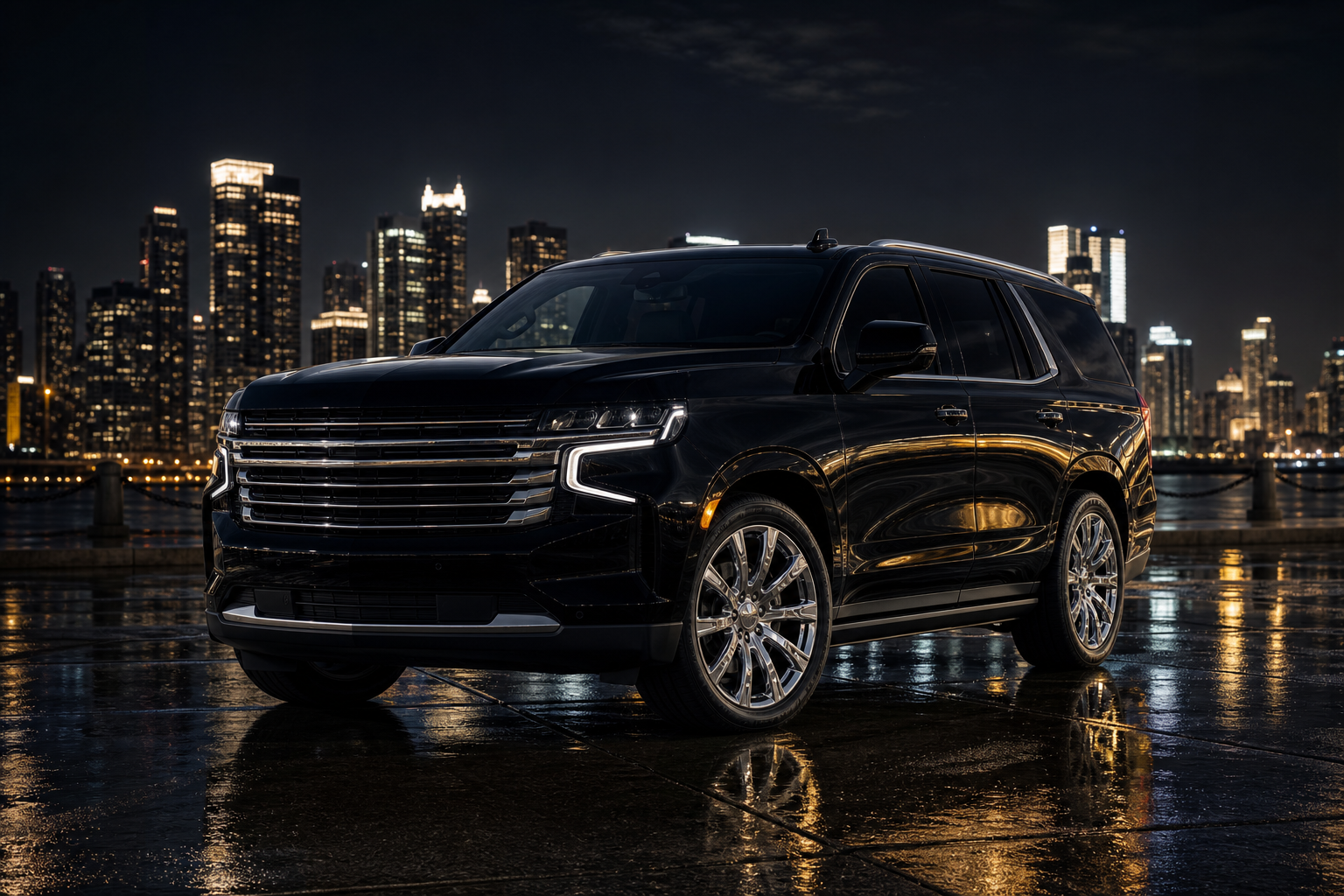 Black 2026 Chevrolet Tahoe executive SUV at night with city skyline